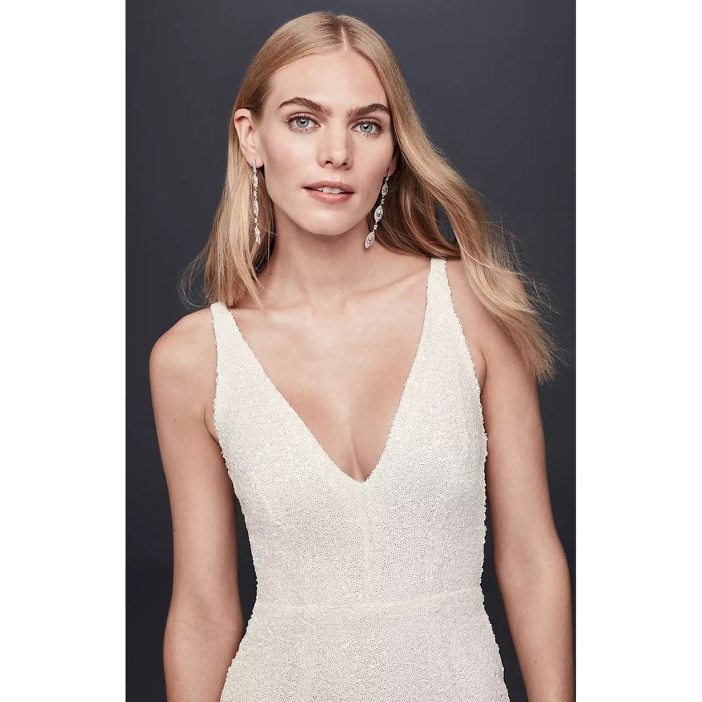 David Bridal DB STUDIO Allover‎ Sequin V-Neck Fitted Sheath Wedding Dress Gown 4 - Picture 2 of 16